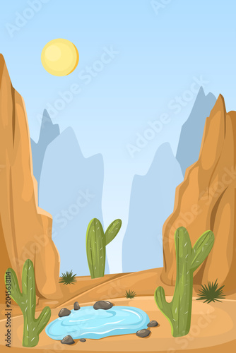 background illustration of a hot desert valley featuring giant cacti, wild shrubs, and rugged rocky mountains