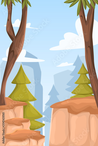 wild landscape featuring steep cliffs and deep canyons filled with green pine trees under a blue sky