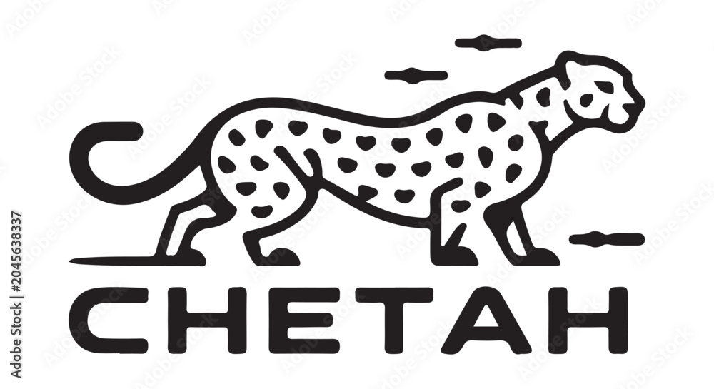 Fototapeta premium Minimalist black line art spotted cheetah logo with typography text, crawling wild cat vector icon illustration