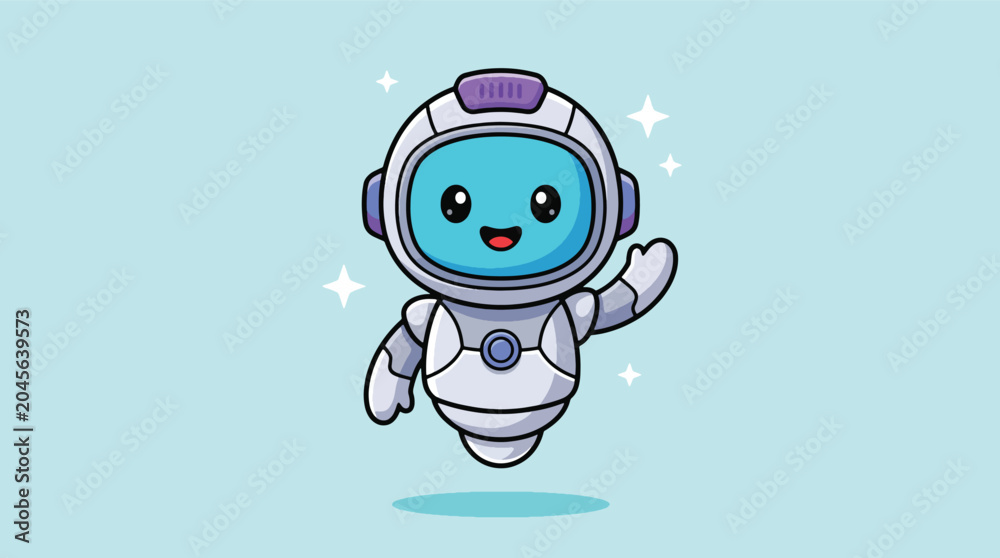 Obraz premium Cute Cartoon Robot Astronaut Waving Hand Character Illustration.
