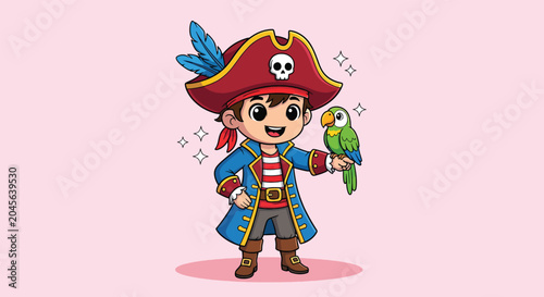 Schilderij op canvas Cute cartoon pirate boy standing with his green pet parrot.