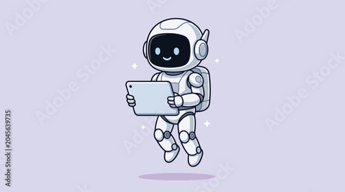 Vászonkép Cute robot astronaut character floating and holding a digital tablet device