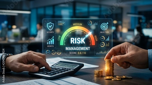 Man calculating coins with risk management screen