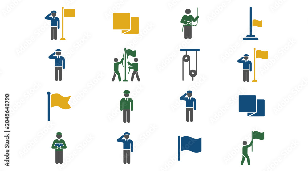 Fototapeta premium Diverse people silhouettes holding flags in various poses and situations.