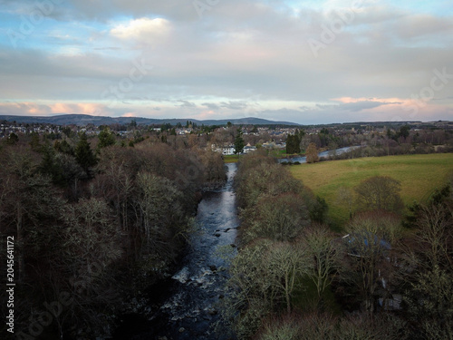 River Feugh aerial view near Banchory, Scotland