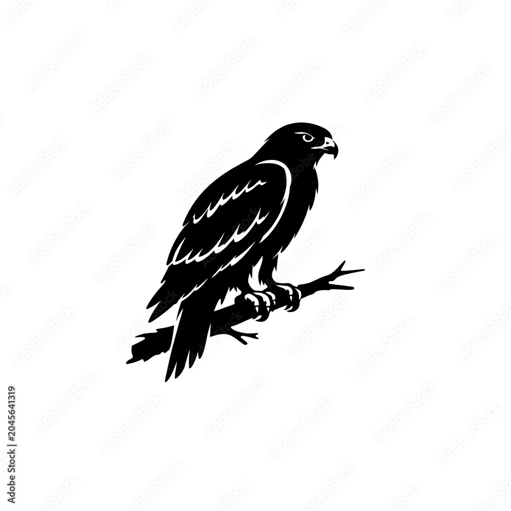 Fototapeta premium Majestic Black Hawk Perched on Branch in Natural Silhouette Style Illustration