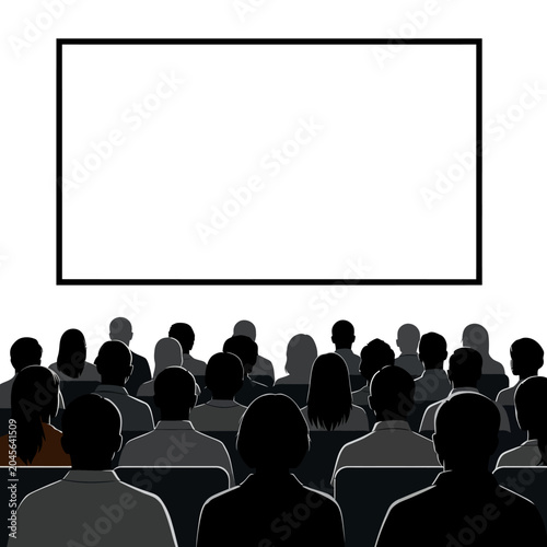 Audience watching blank screen in cinema hall, presentation or movie concept