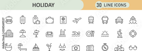 Bild auf Leinwand Set of 30 travel and holiday line icons for tourism and vacation planning with v