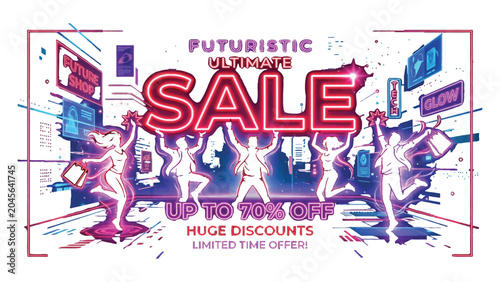 Fotografija Shoppers celebrate a futuristic sale event with glowing neon outlines and dynamic energy displays