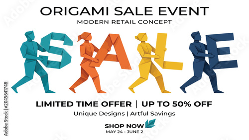 Fotografija People carry large paper origami letters to spell out a sale event in a modern retail concept