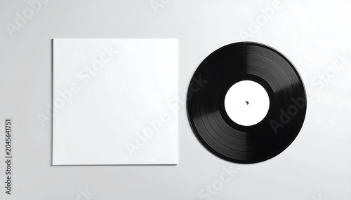 Vinyl Record Mockup with White Label and Protective Sleeve on a Soft Light Gray Background for Music Branding and Album Design Presentation