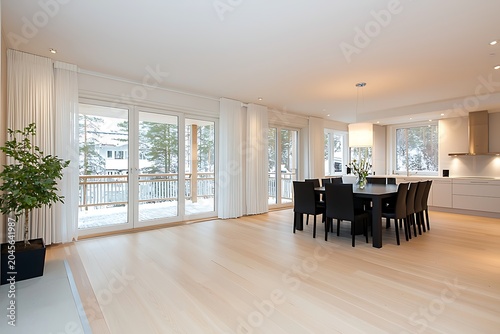 Modern Bright Dining Room with Large Windows and Winter View in Contemporary House