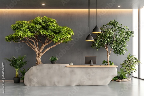 Modern Office Reception Area with Natural Elements and Greenery in a Minimalist Design