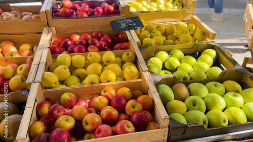 Photography Fresh Organic Apples in Wooden Crates at Cassis Outdoor Market