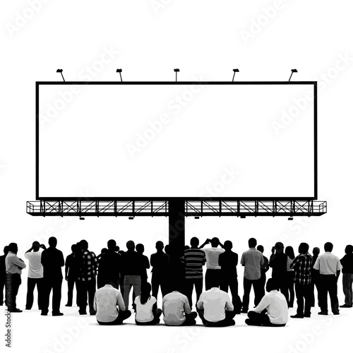 Crowd Silhouettes Facing Blank Billboard Ad - Copy Space