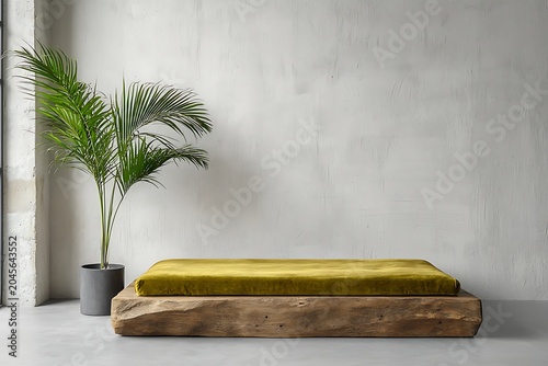 Minimalist Seating Area with Green Cushion and Potted Palm in Modern Interior Space