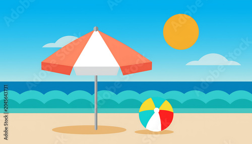 A beach scene with a colorful umbrella and a ball on the sandy shore under a sunny sky with calm ocean waves.