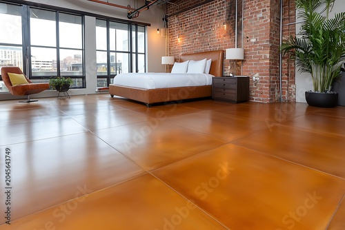 Cozy modern bedroom with large bed, wooden furniture, and warm colored flooring in loft style
