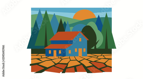 Flat design blue cabin in forest with foreground of cracked dry earth.