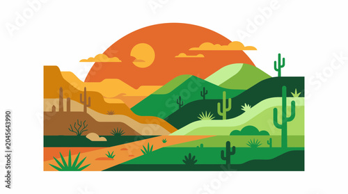 Flat design desert landscape illustration with mountains and cacti at sunset.