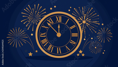 Midnight celebration with clock striking twelve surrounded by fireworks
