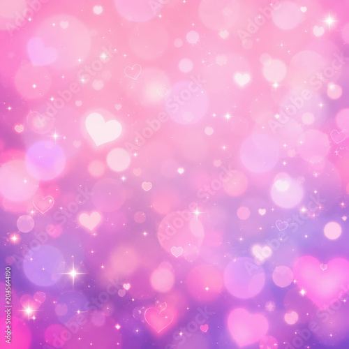 Soft dreamy pink and purple bokeh background featuring glowing hearts, sparkling lights, and a romantic pastel atmosphere. Perfect for Valentine's Day designs, wedding invitations, greeting cards