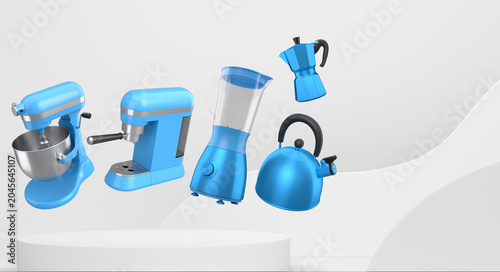 Valokuva Set of kitchen appliances and utensils floating in mid-air over podium and abstr