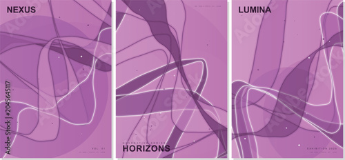 Abstract futuristic 2026 purple poster set featuring fluid orchid waves, elegant glowing lines, nexus horizons lumina typography vector background for creative corporate design templates