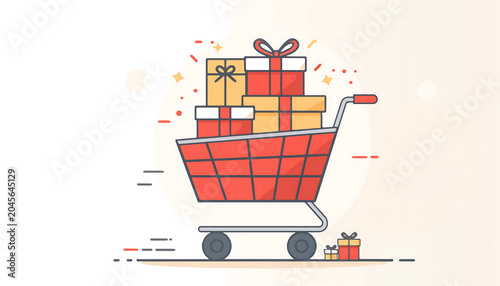 A shopping cart filled with wrapped gifts and boxes on wheels moving quickly
