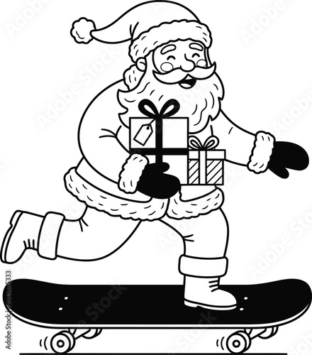 Slika na platnu Santa claus riding a skateboard with gifts in hand on white background
