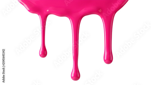 Hot pink glossy paint or nail polish dripping on white background
