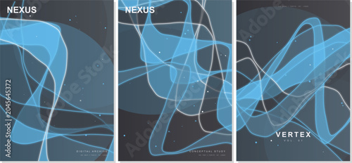 Abstract futuristic 2026 blue poster set featuring fluid neon waves, elegant glowing lines, nexus vertex typography vector background for creative corporate tech design templates.