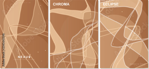 Abstract futuristic 2026 warm brown poster set featuring fluid wavy lines, elegant glowing shapes, nexus chroma eclipse typography vector background for creative corporate design.