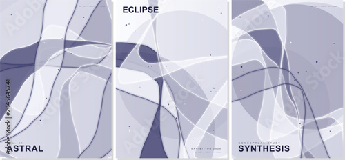 Abstract futuristic 2026 lavender poster set featuring fluid wavy lines, elegant glowing shapes, astral eclipse synthesis typography vector background for creative corporate design templates.