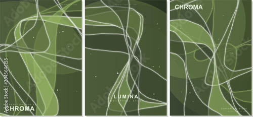 Abstract futuristic 2026 olive green poster set featuring fluid neon waves, elegant glowing lines, chroma lumina typography vector background for creative corporate design templates.