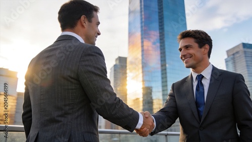 Two businessmen shaking hands outdoors in city center, successful deal agreement, corporate partnership concept, professional greeting, modern architecture background, golden hour
