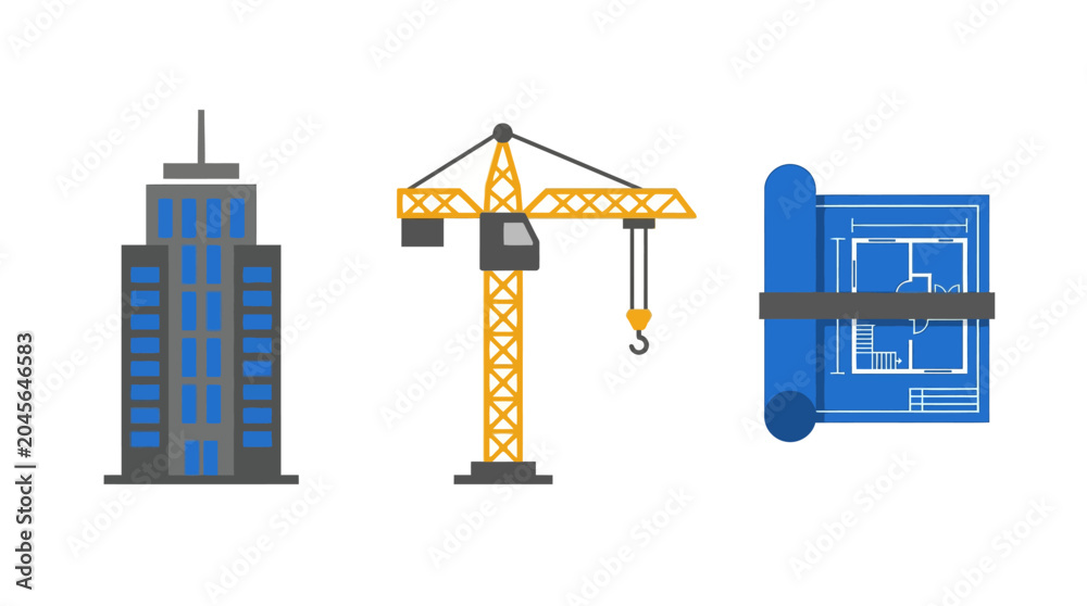 Fototapeta premium Minimalist flat vector icons showing a tall skyscraper a construction crane and a blue architectural blueprint