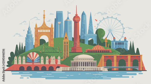 Fotografía A vibrant, stylized illustration showcasing a diverse collection of iconic global landmarks and architectural marvels set against a serene sky