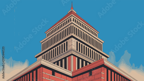 Billede på lærred A stylized illustration of a grand, multi-tiered building with a stepped pyramidal roof against a clear blue sky, showcasing impressive architecture