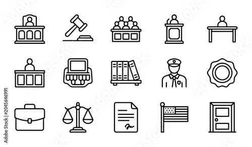 Foto Justice Icons, Legal Symbols, Courtroom Elements, Law and Order Vector Set