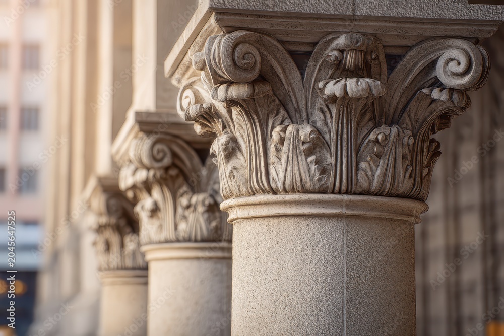 Obraz premium Architectural close-up: four pillars with carved capitals on a public administration building