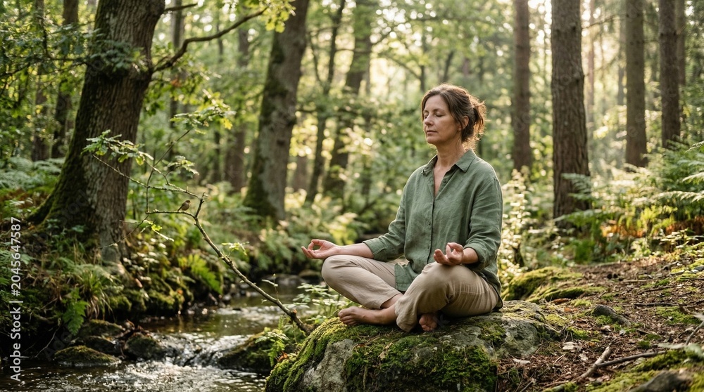 Fototapeta premium Mature woman in linen shirt meditating on mossy rock by forest stream during peaceful outdoor retreat in nature.