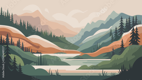 Tableau sur toile Serene mountain landscape with a tranquil lake reflecting the soft hues of the sky and surrounding forested hills