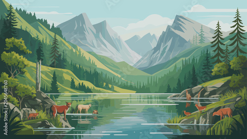Billede på lærred A serene mountain lake scene with deer and other wildlife amidst lush green forests and towering peaks under a clear sky