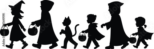 Fotografía Spooky Halloween Trick-or-Treating Children Vector Silhouette Lineup, Modern Kids Costume Parade Emblem, Whimsical Autumn Holiday Banner Graphic, Trick or Treat kids silhouettes