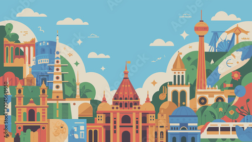 Εκτύπωση καμβά Vibrant flat illustration of a diverse global cityscape featuring iconic landmarks and architectural styles under a bright blue sky
