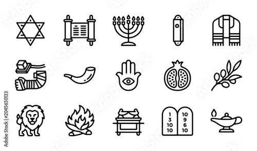 Quadro su tela Jewish Religious Symbols Icons Set, Star of David, Menorah, Torah Scroll, Hamsa,