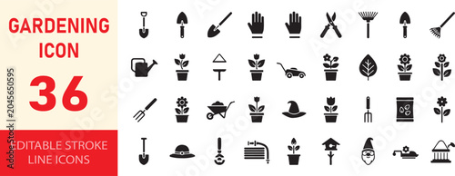 Obraz na plátne Gardening line icons set in solid style with number thirty six.