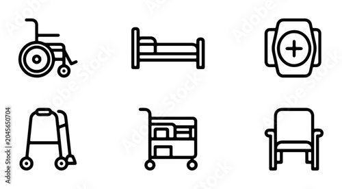 Obraz na plátně Medical Icons Set: Wheelchair, Hospital Bed, Walker, Chair, Medical Cart, First