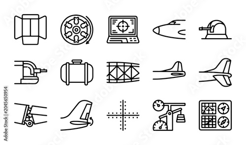 Bild auf Leinwand Aircraft Parts & Aviation Technology Icons: Jet Engine, Fuselage, Cockpit, Radar